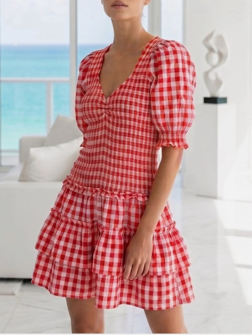 Caroline Constas Sabrina Red Gingham Smocked Ruffle Mini Dress 100% Cotton NWT
